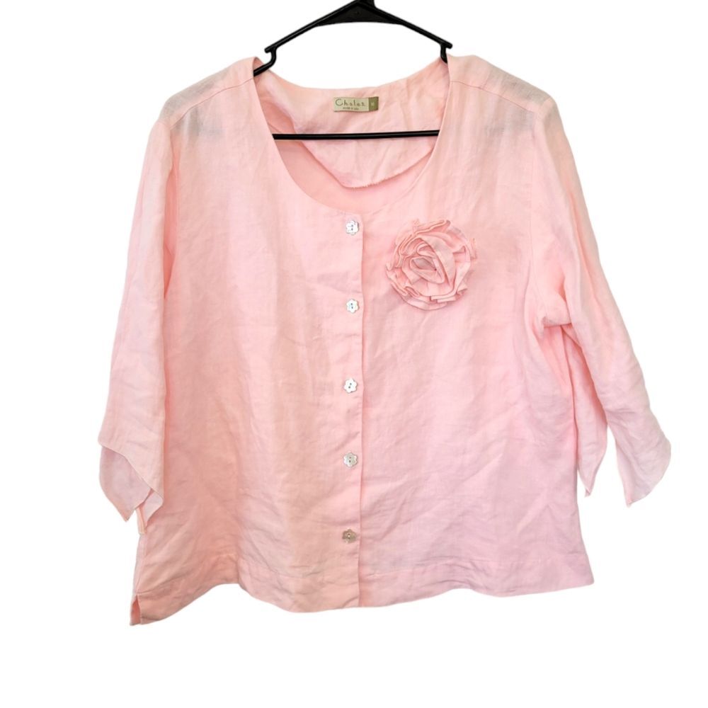 Chalet Pink 100% Linen Flower Button Up Blouse Size XL